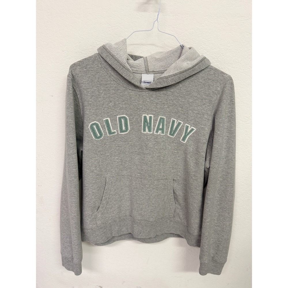 Old Navy Mens M Gray Hoodie Logo Graphic Fleece Sweatshirt Green Applique Pocket